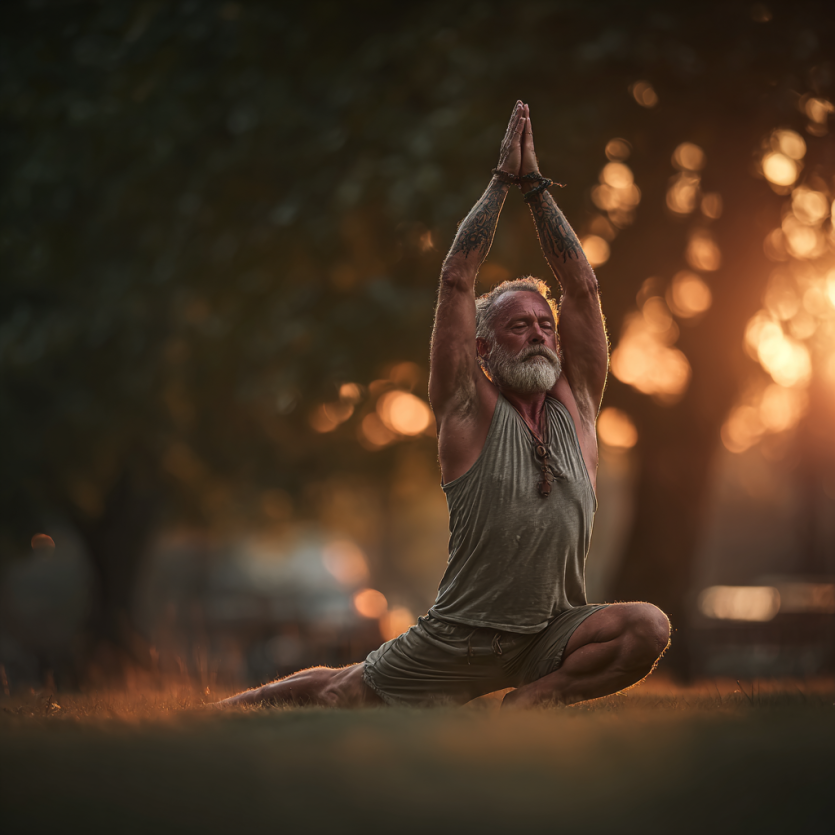 Група літніх людей займається йогою