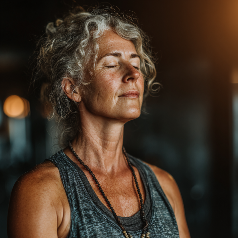 Літня жінка в позі йоги